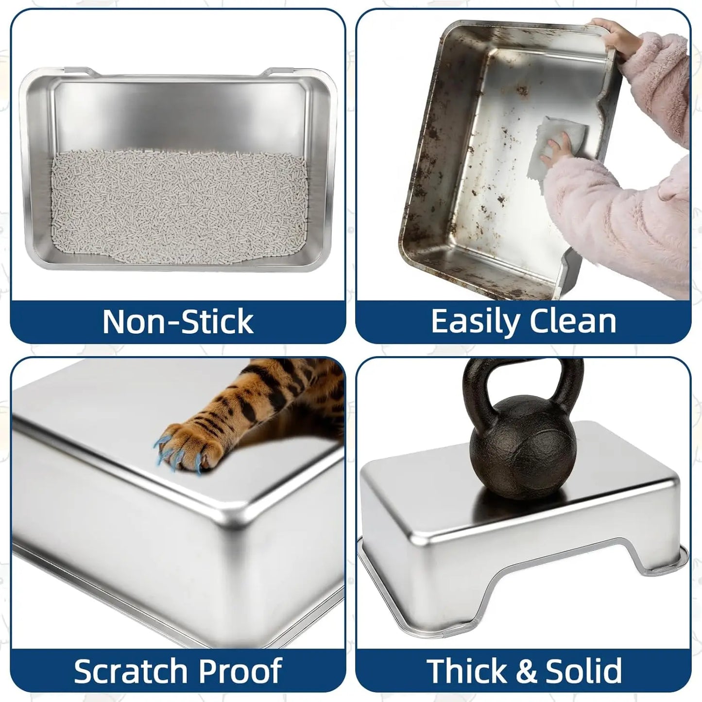 Low Entry Stainless Steel Cat Litter Box, Splash-Proof Hight Wall Metal Kitty Litter Box Kitten Toilet for Senior Arthr