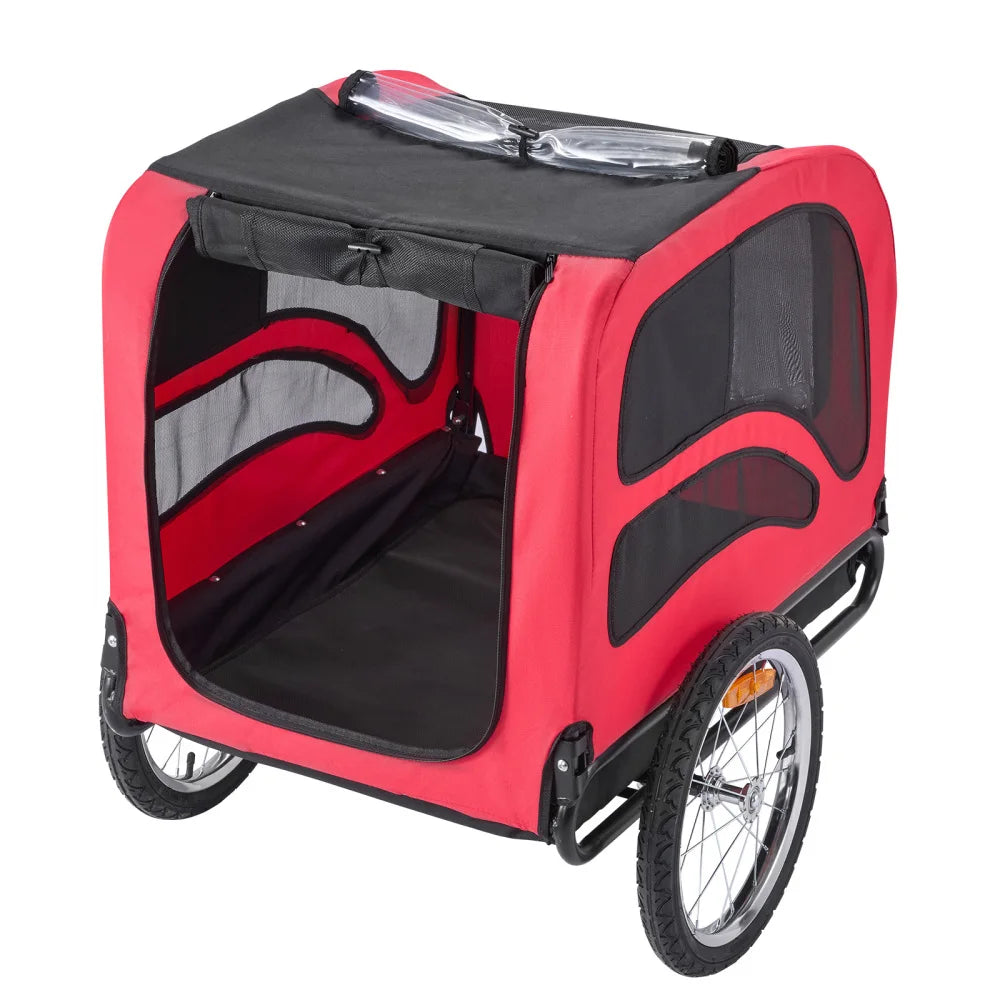 Dog Bike Trailer for Small Medium Large Dogs up to 100 lbs, Foldable Pet Bicycle Carrier with Quick Release Wheels, Universal Bike Coupler, Spacious Ventilated Cabin, Weather Cover, Safety Flag, Reflectors, Internal Leash for