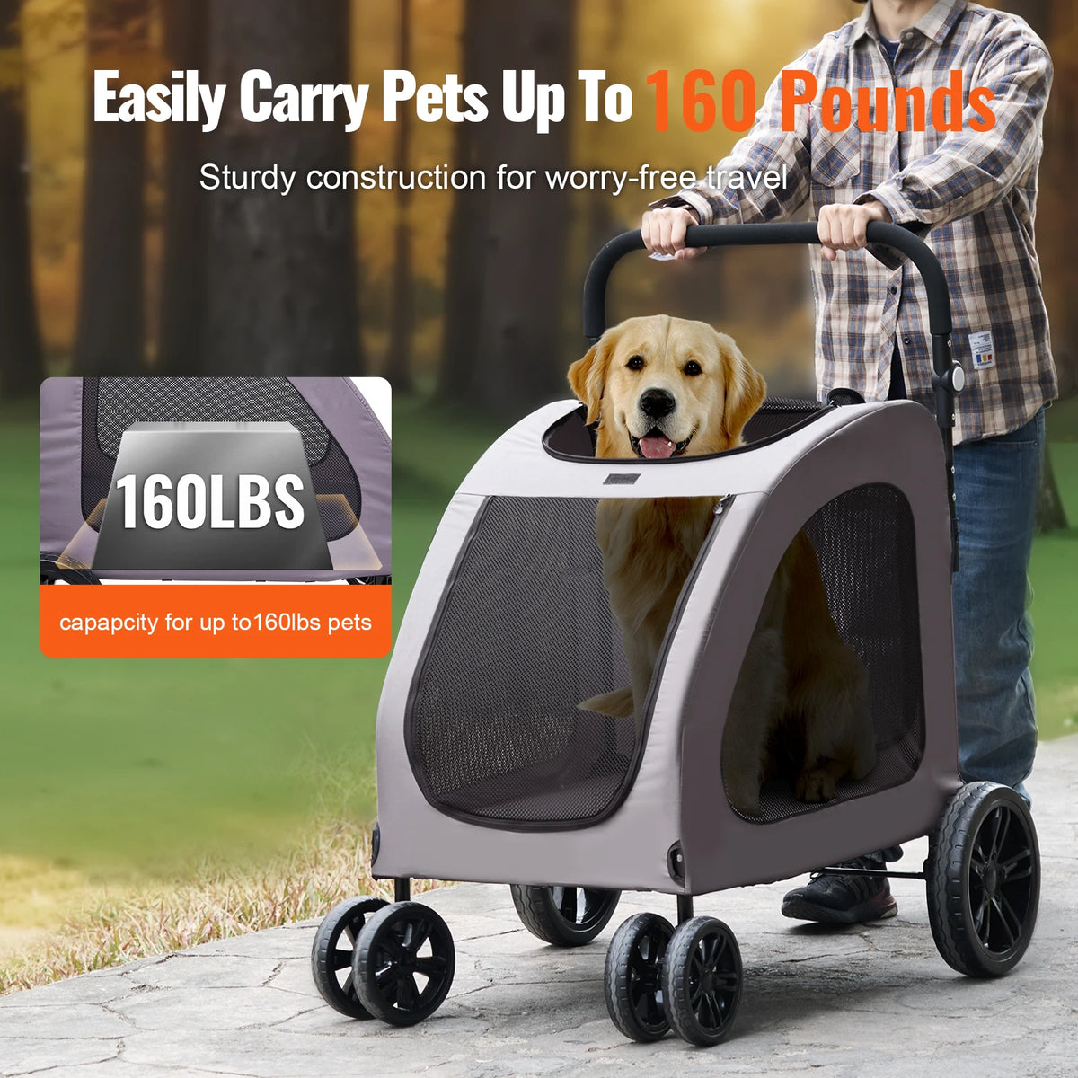 SucceBuy Pet Stroller Portable Puppy Stroller Carrier w/ Breathable Mesh Windows&Height-Adjustable Height Stroller for Cats Dogs