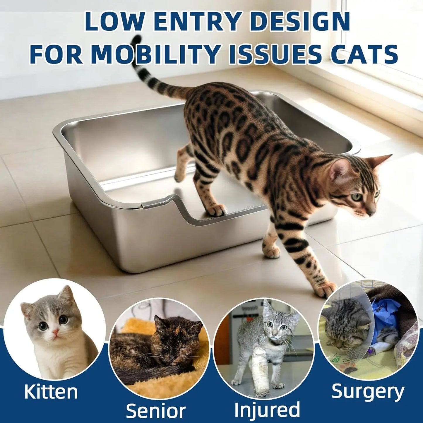 Low Entry Stainless Steel Cat Litter Box, Splash-Proof Hight Wall Metal Kitty Litter Box Kitten Toilet for Senior Arthr