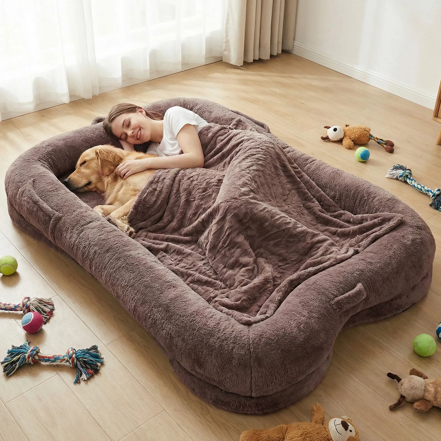 Portable Human Dog Bed Washable Large Size Non Slip Bottom Comfortable Plush Giant Size Dog Bed with Blanket and Pocket for Home