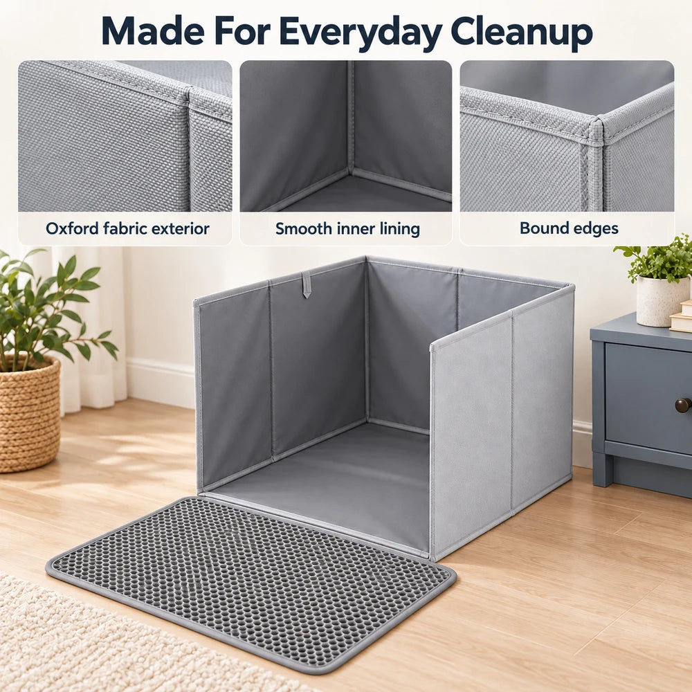 Cat Litter Box Splash Guard Foldable Open Top Enclosure With Floor Liner And Honeycomb Litter Mat For Indoor Cats Easy Clean Litter Area