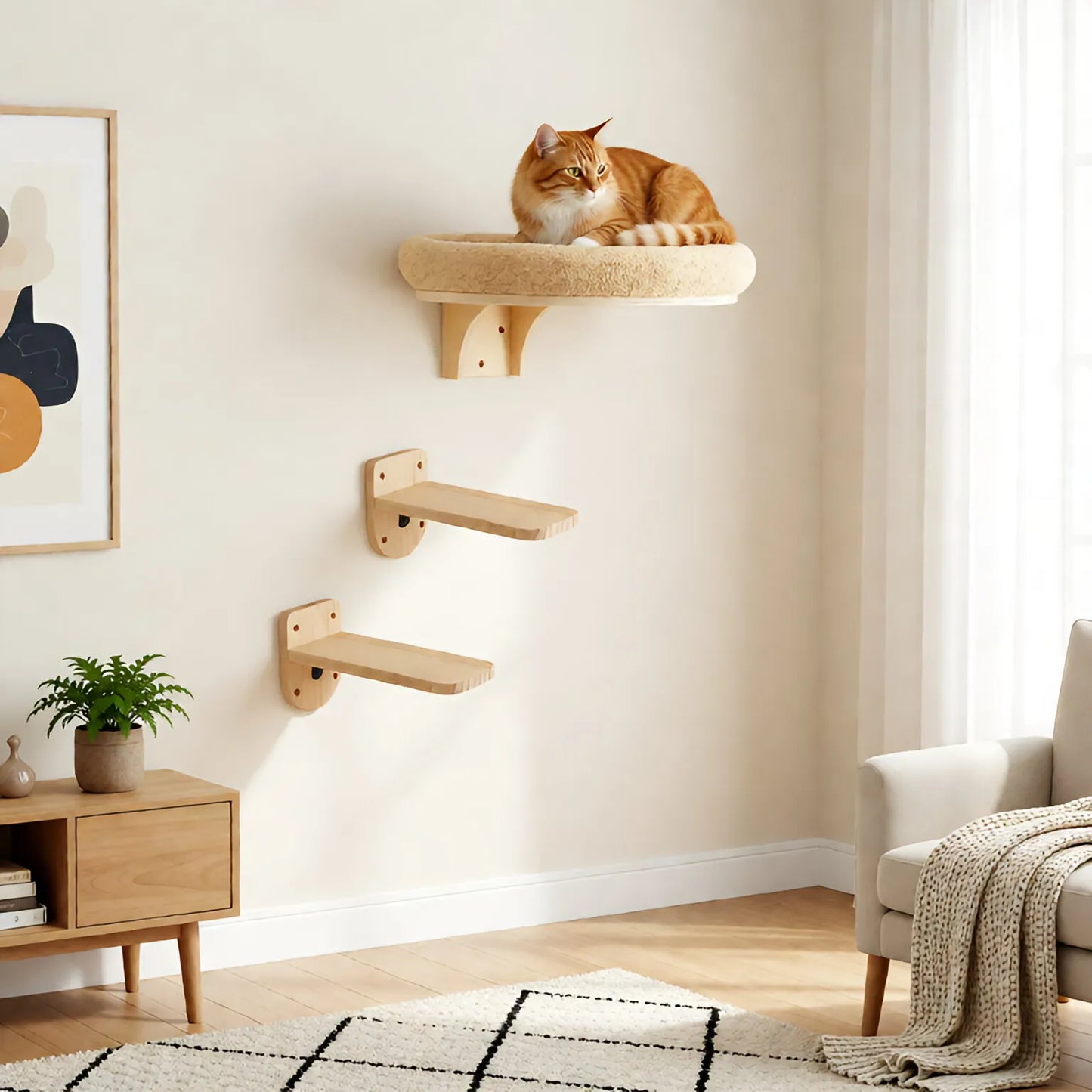 Cat Wall Mounted Solid Wooden Furniture Climbing Ladder and Cat Hammock with Scratching Post for Activity Indoor Cats Perches