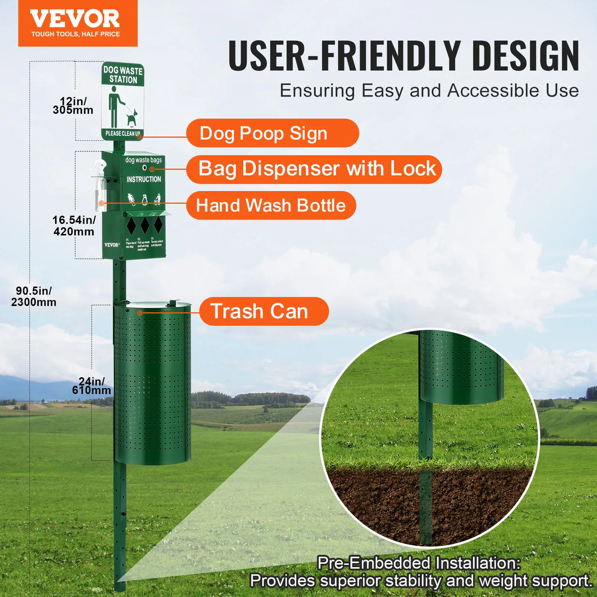 VEVOR Dog Waste Station with Hand Wash Bottle Commercial Dog Poop Station Bag Dispenser Dog Waste Disposal System for Outdoor
