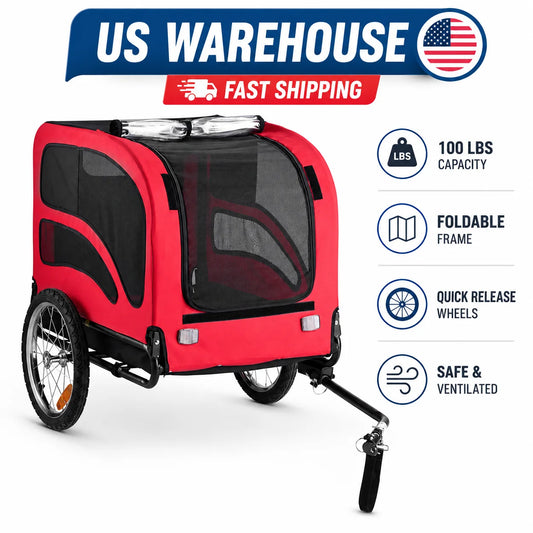 Dog Bike Trailer for Small Medium Large Dogs up to 100 lbs, Foldable Pet Bicycle Carrier with Quick Release Wheels, Universal Bike Coupler, Spacious Ventilated Cabin, Weather Cover, Safety Flag, Reflectors, Internal Leash for