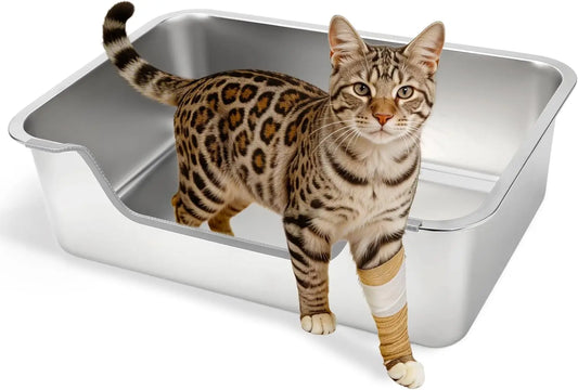 Low Entry Stainless Steel Cat Litter Box, Splash-Proof Hight Wall Metal Kitty Litter Box Kitten Toilet for Senior Arthr