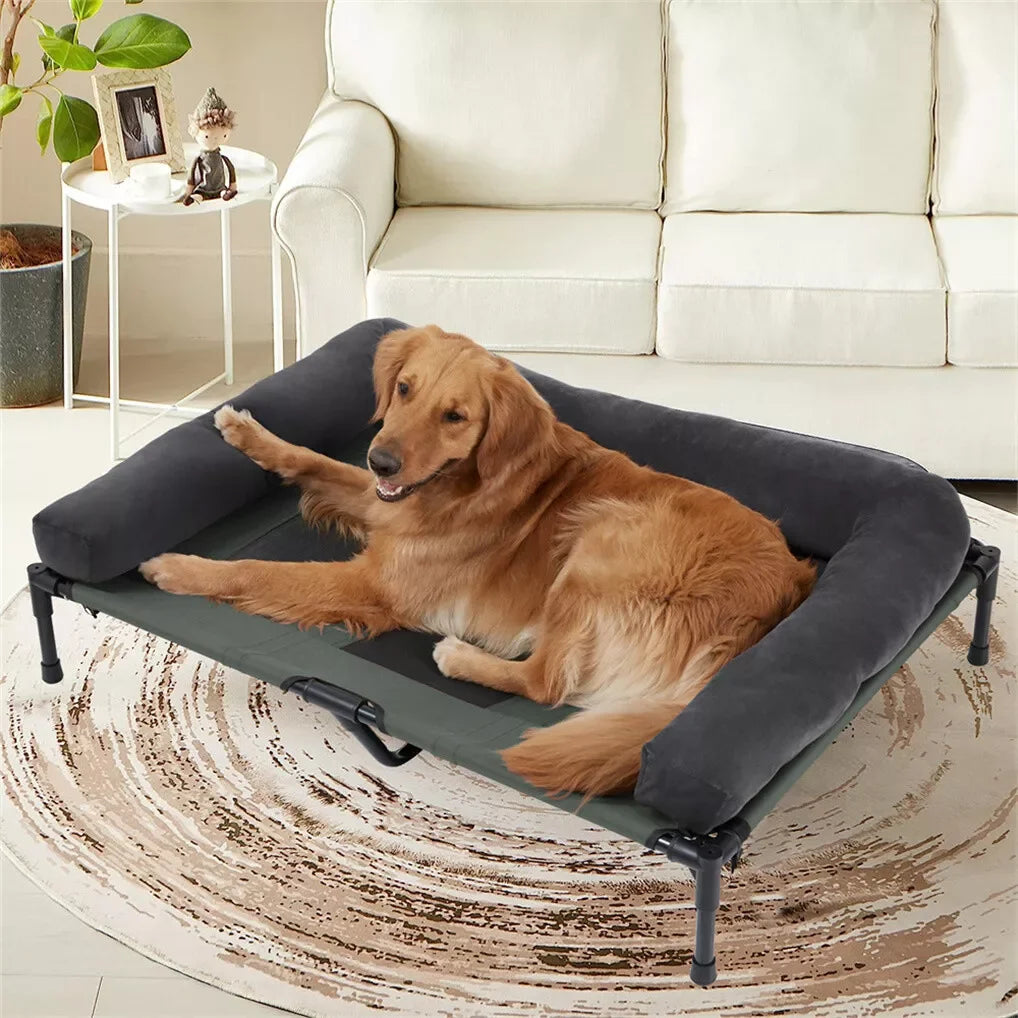 BINGOPAW Elevated Dog Bed Mesh Pet Cot with Detachable Plush Bolster Washable Raised Lounger for Indoor Outdoor Camping