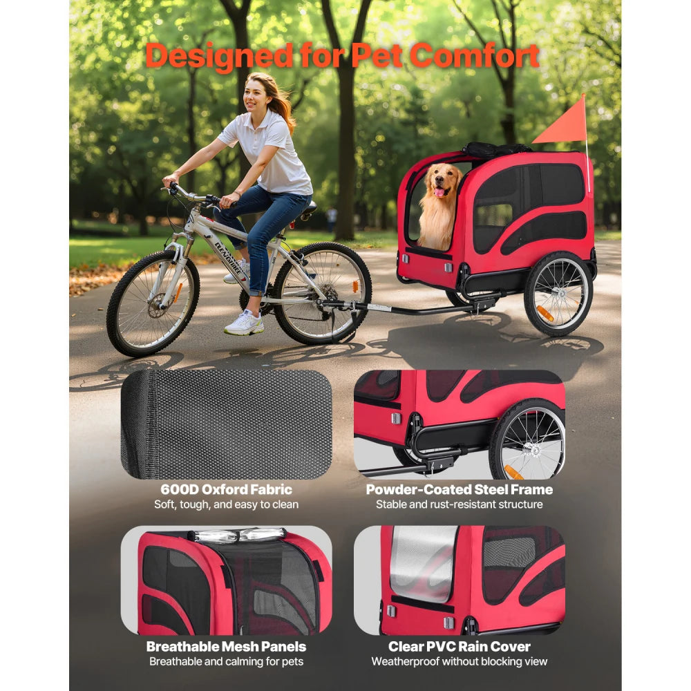 Dog Bike Trailer for Small Medium Large Dogs up to 100 lbs, Foldable Pet Bicycle Carrier with Quick Release Wheels, Universal Bike Coupler, Spacious Ventilated Cabin, Weather Cover, Safety Flag, Reflectors, Internal Leash for