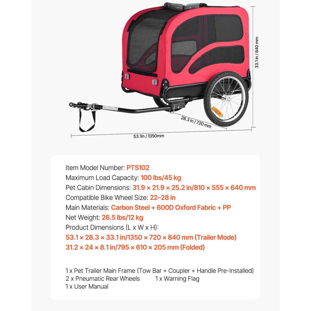 Dog Bike Trailer for Small Medium Large Dogs up to 100 lbs, Foldable Pet Bicycle Carrier with Quick Release Wheels, Universal Bike Coupler, Spacious Ventilated Cabin, Weather Cover, Safety Flag, Reflectors, Internal Leash for