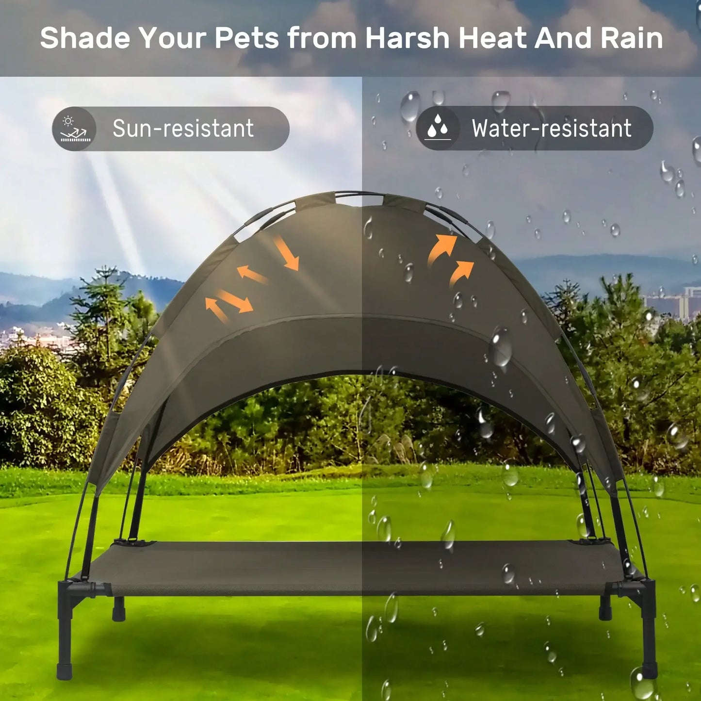 Elevated Dog Bed With Canopy, Outdoor Dog Cot With Removable Canopy Shade Tent, Portable Raised Pet Cot Cooling Bed For Dogs