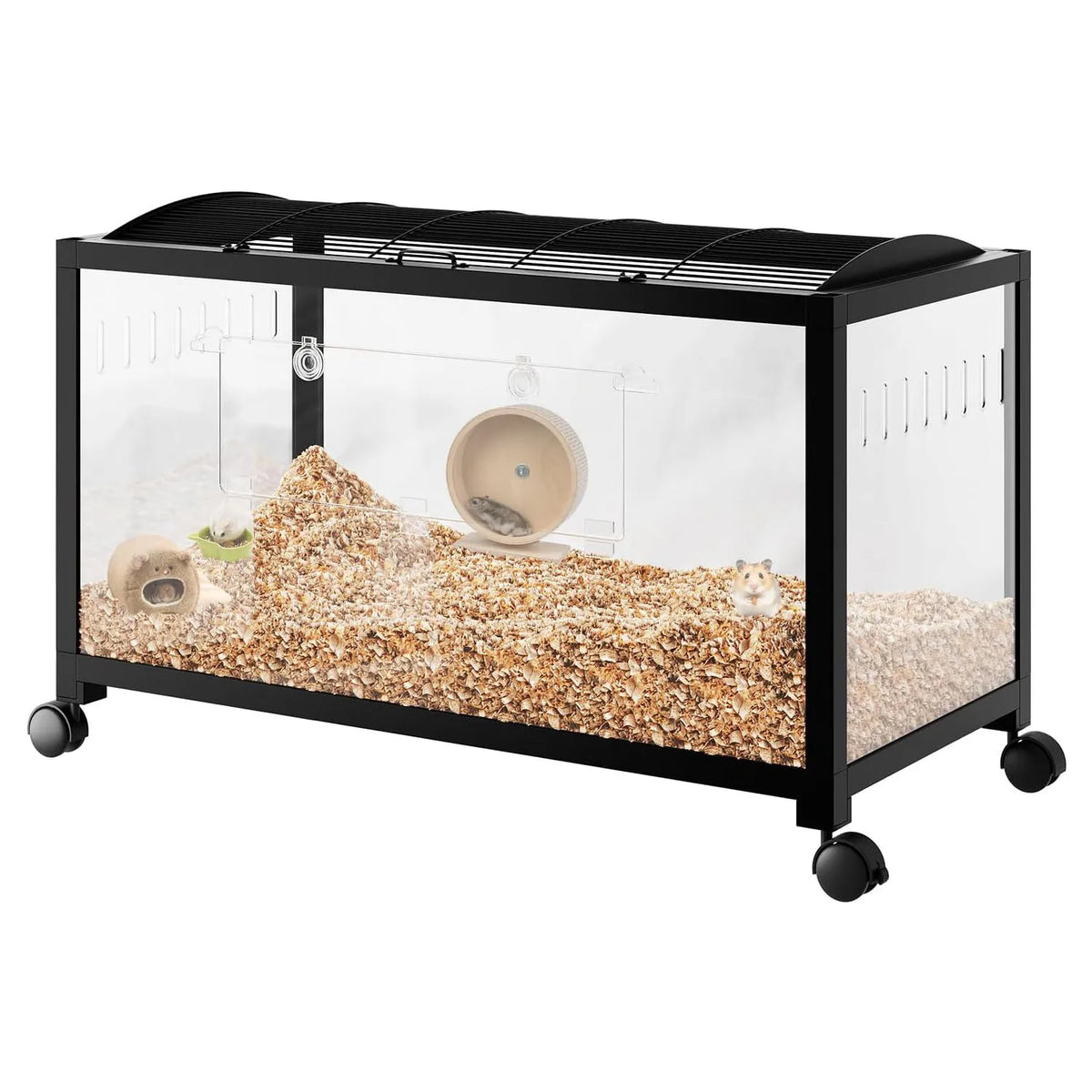 Large Hamster Cage, 3-Tier Gerbil Cages with Running Wheel, Water Bottle, Food Bowl, Ramps, Portable Hamster House with 7" Deep Glass Bottom for Syrian, Hamster, Gerbils (Metal Black)