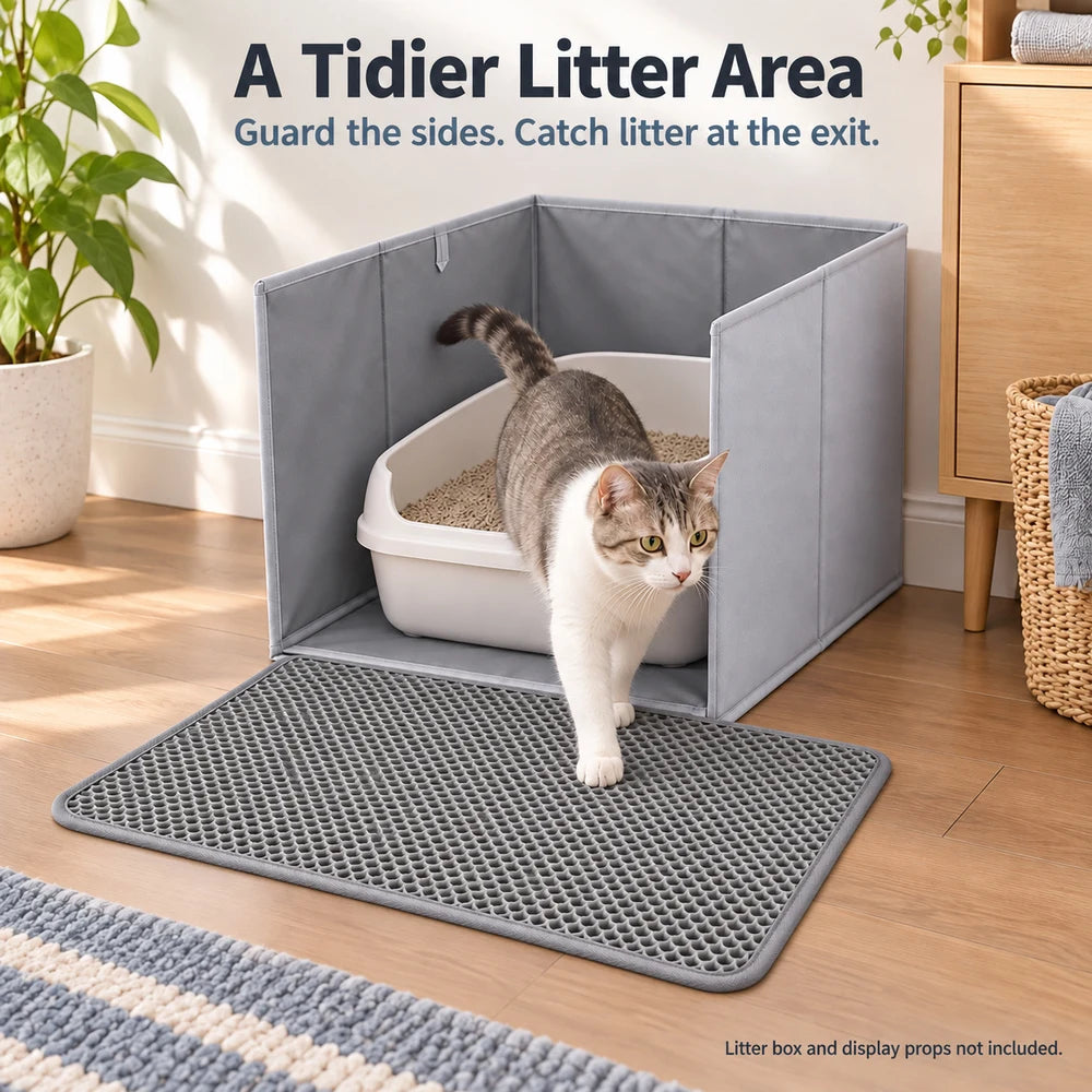 Cat Litter Box Splash Guard Foldable Open Top Enclosure With Floor Liner And Honeycomb Litter Mat For Indoor Cats Easy Clean Litter Area