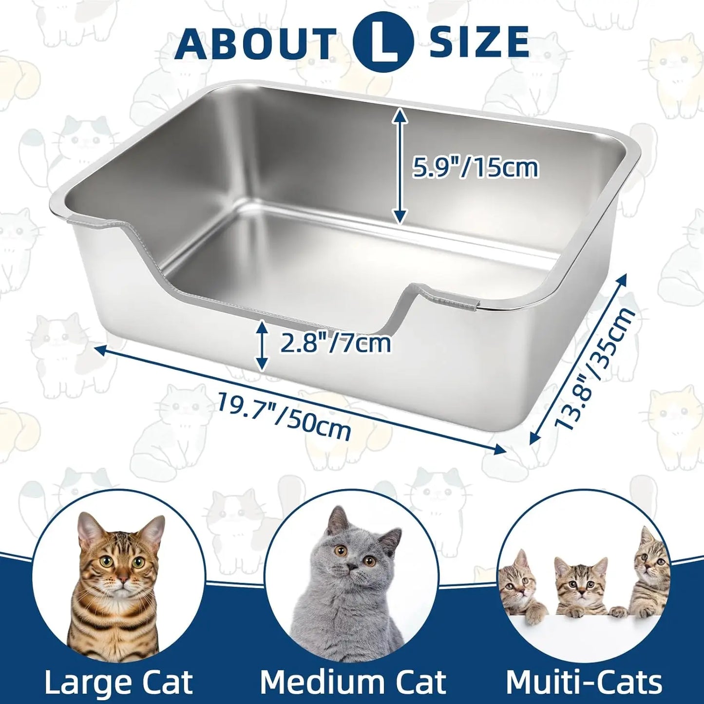 Low Entry Stainless Steel Cat Litter Box, Splash-Proof Hight Wall Metal Kitty Litter Box Kitten Toilet for Senior Arthr