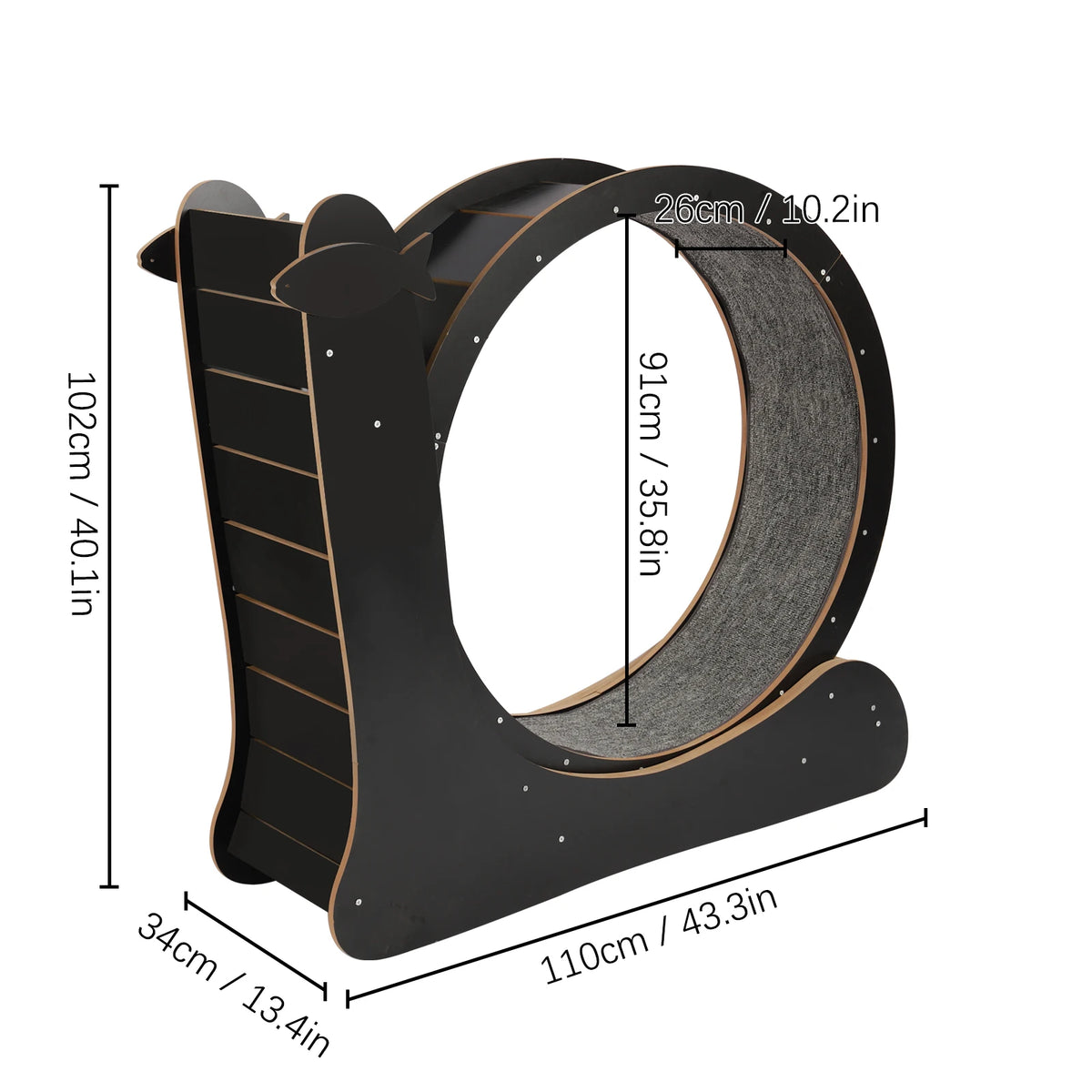 Furniture and Climbing Tool Black Cat Exercise Wheel for Cat, Large Cat Treadmill with Carpeted Runway, Kitty Cat Sport Toy, Fitness Weight Loss Device for Cats