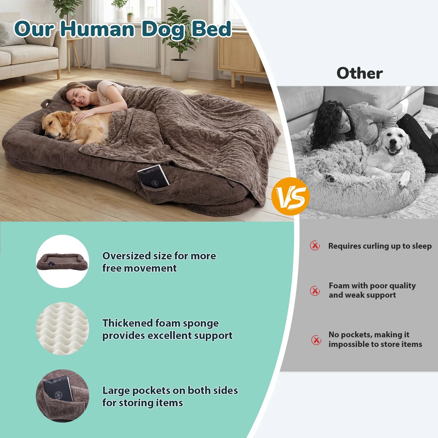 Portable Human Dog Bed Washable Large Size Non Slip Bottom Comfortable Plush Giant Size Dog Bed with Blanket and Pocket for Home