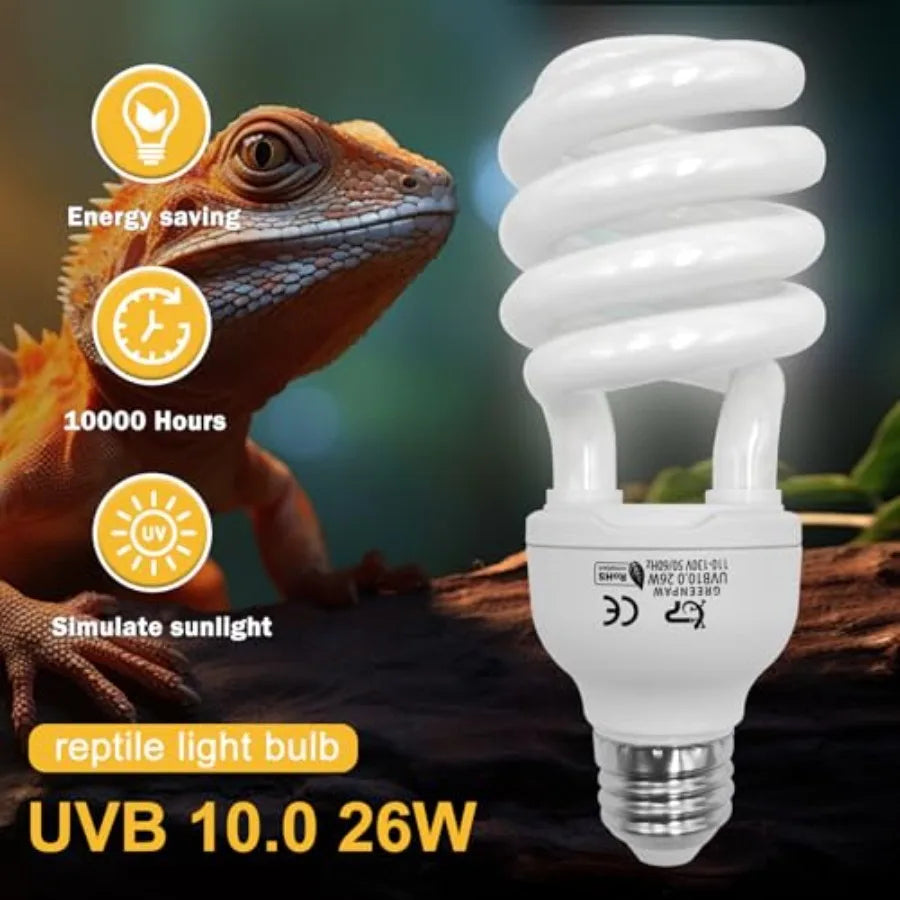 UVB Reptile Light, 10.0 26W UVA UVB Light for Reptiles, Spiral Compact Fluorescent UVB Bulb for Bearded Dragons Tortoise Lizard