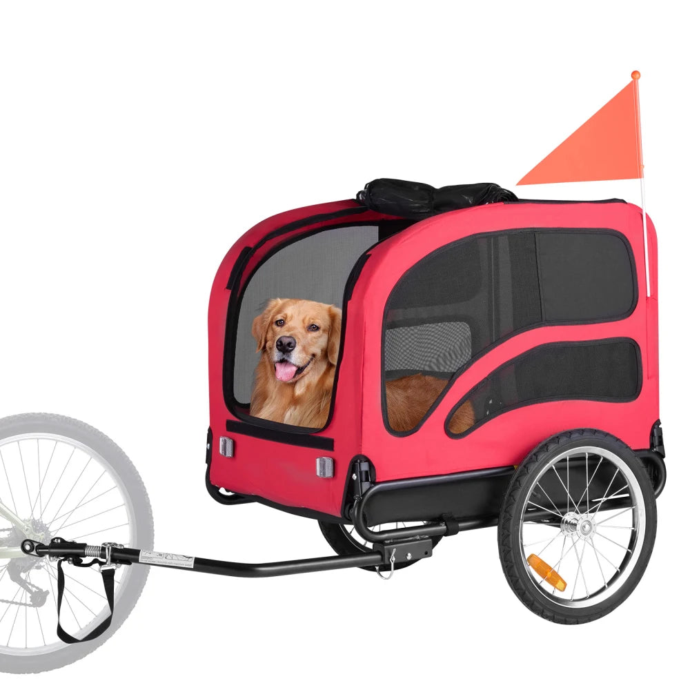 Dog Bike Trailer for Small Medium Large Dogs up to 100 lbs, Foldable Pet Bicycle Carrier with Quick Release Wheels, Universal Bike Coupler, Spacious Ventilated Cabin, Weather Cover, Safety Flag, Reflectors, Internal Leash for