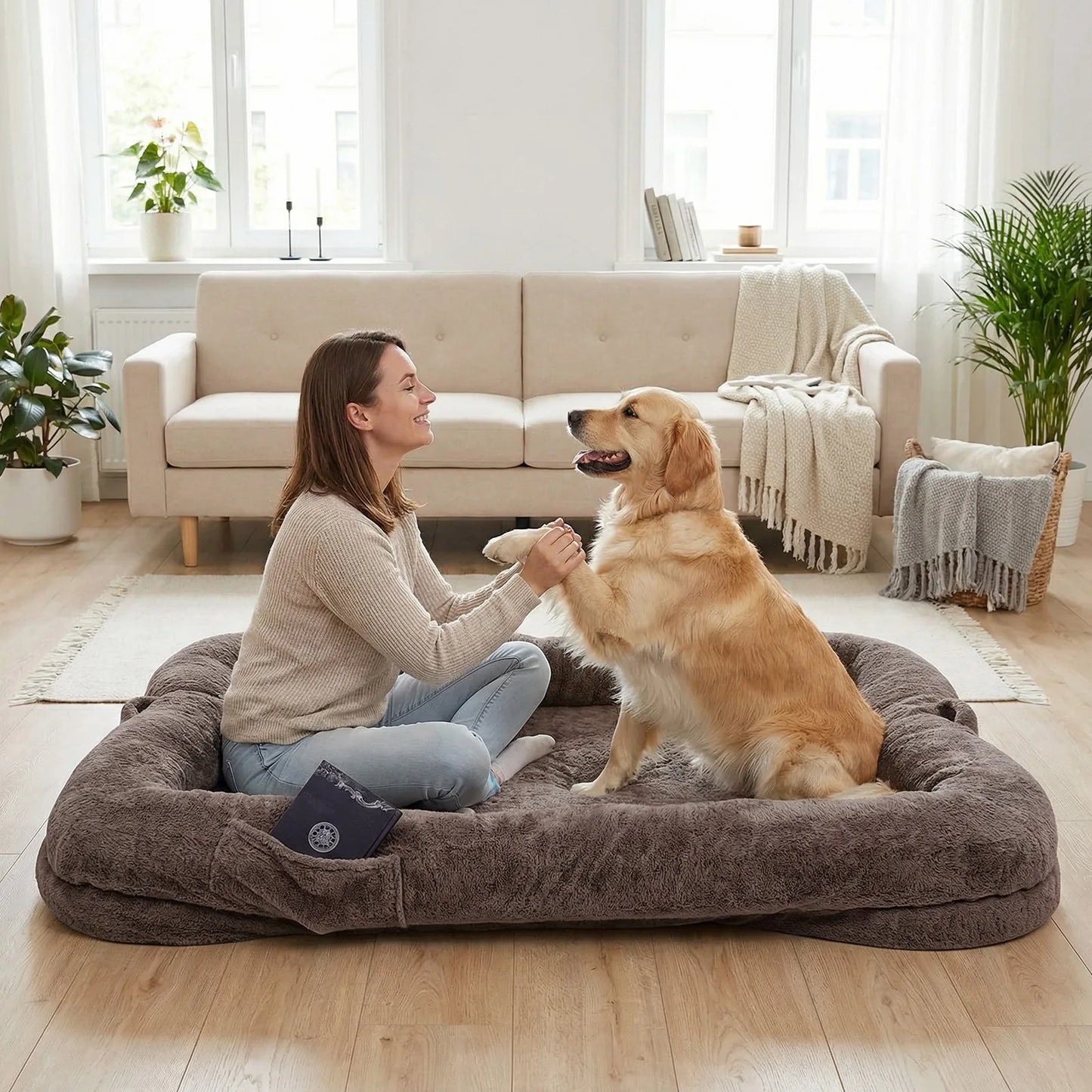 Portable Human Dog Bed Washable Large Size Non Slip Bottom Comfortable Plush Giant Size Dog Bed with Blanket and Pocket for Home