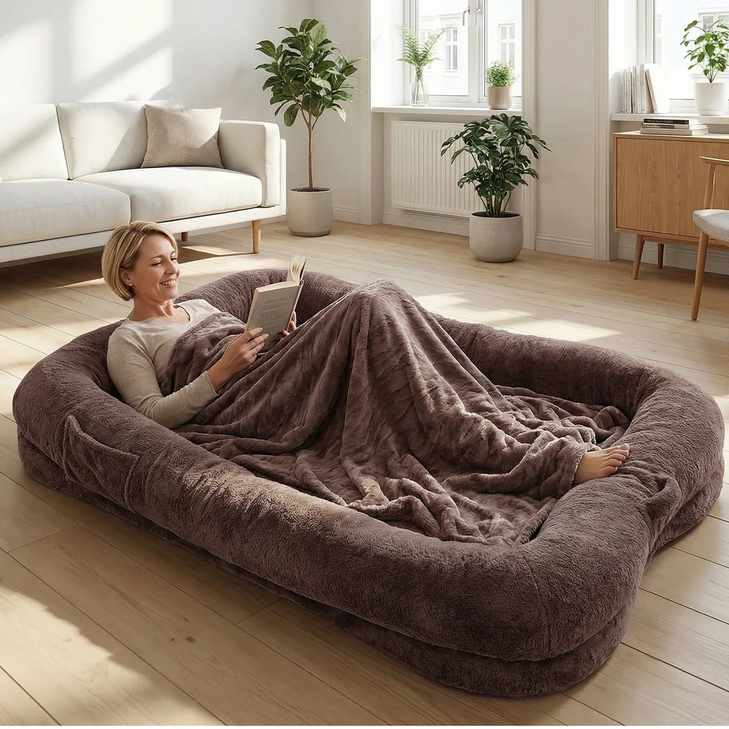 Portable Human Dog Bed Washable Large Size Non Slip Bottom Comfortable Plush Giant Size Dog Bed with Blanket and Pocket for Home