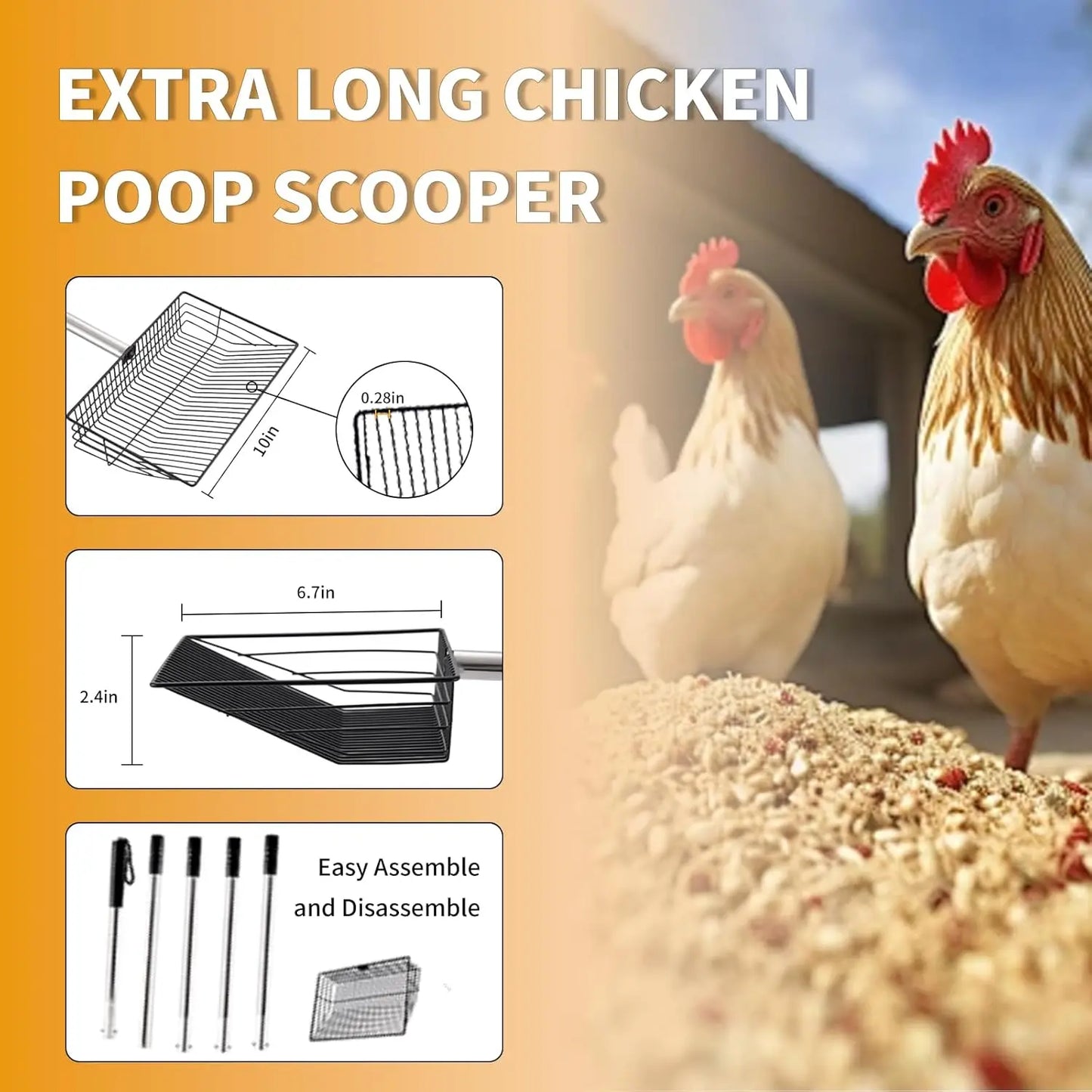 Adjustable Stainless Steel Chicken Poop Scooper, 24" to 68" Handle for Sand, Pet, and Coop Cleaning (10 inch)
