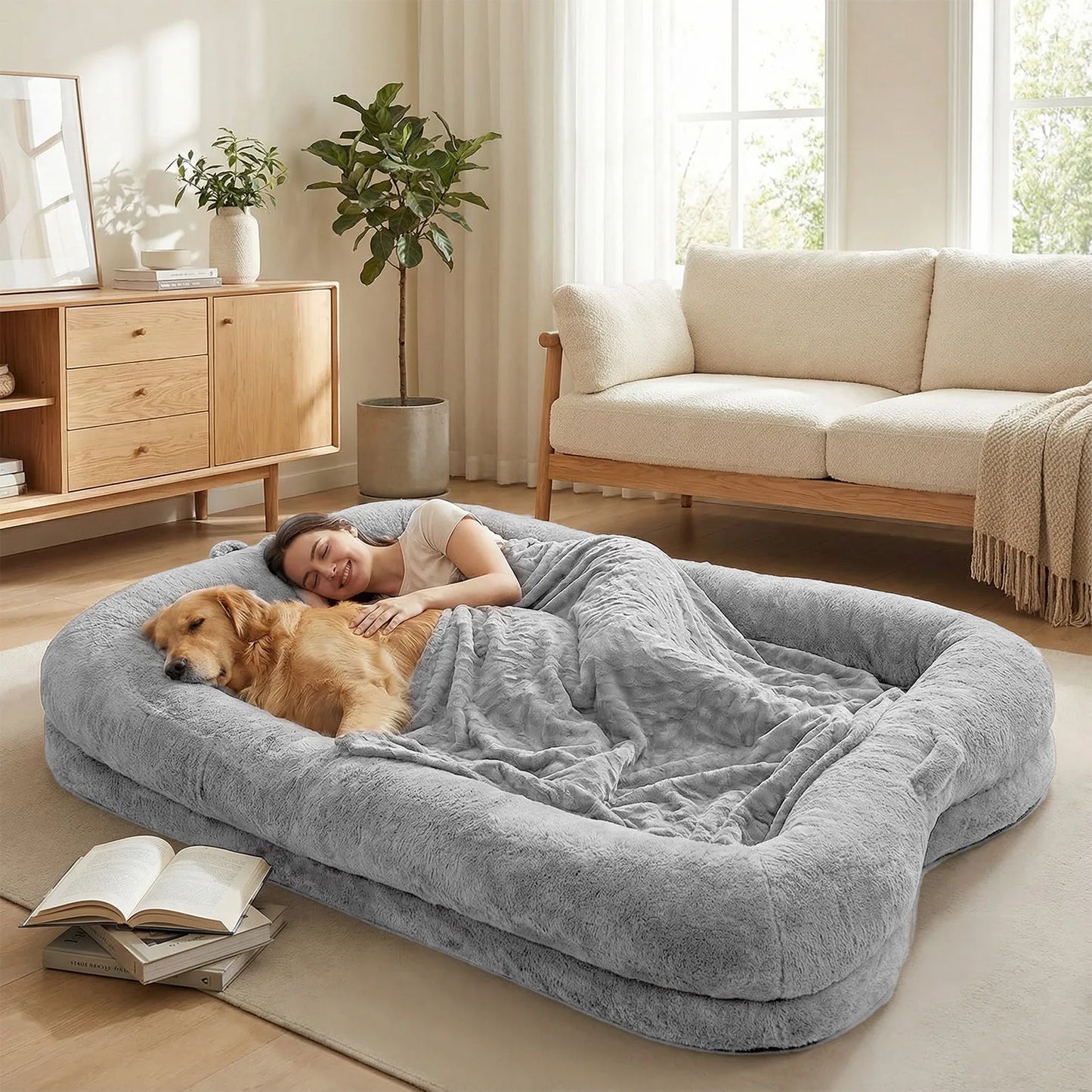 Portable Human Dog Bed Washable Large Size Non Slip Bottom Comfortable Plush Giant Size Dog Bed with Blanket and Pocket for Home